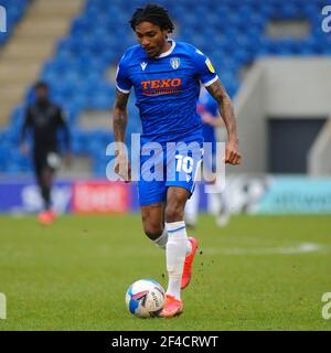 Colchesters Jevani Brown durante la partita Sky Bet League 2 tra Colchester United e Port vale al Weston Homes Community Stadium di Colchester sabato 20 marzo 2021. (Credit: Ben Pooley | MI News) Foto Stock