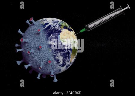 Pianeta Terra con forma di coronavirus riacquista il suo aspetto normale dopo essere stato vaccinato. illustrazione 3d. Foto Stock