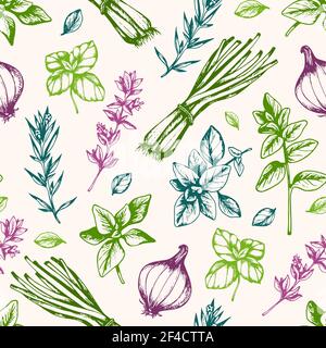 Motivo vintage senza cuciture disegnato a mano con erbe e spezie italiane Illustrazione Vettoriale