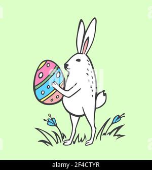 Vacanza Pasqua biglietto di auguri con il coniglio e le uova su uno sfondo verde. Disegnata a mano illustrazione vettoriale. Illustrazione Vettoriale