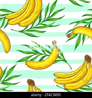 Motivo tropicale senza giunture disegnato a mano con banane gialle e foglie di palma verdi. Sfondo vettoriale Illustrazione Vettoriale