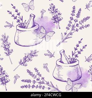 Vintage motivo senza cuciture con fiori di lavanda e farfalle. Ingredienti per la spa e l'aromaterapia. Sfondo vettoriale disegnato a mano Illustrazione Vettoriale