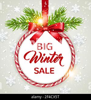 Biglietto d'auguri per Natale e Capodanno con rami di abete verde, arco rosso e cornice rotonda caramella. Vendita invernale stagionale background. Illustrazione vettoriale Illustrazione Vettoriale