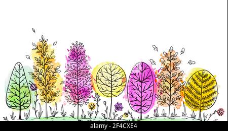 Paesaggio naturale autunnale con colorati alberi acquerelli su sfondo bianco. Illustrazione vettoriale disegnata a mano. Illustrazione Vettoriale