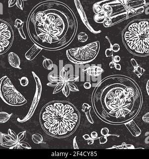 Gesso vettoriale d'epoca con motivo senza cuciture e VIN brulé e spezie. Cibo e bevande natalizie tradizionali. Sfondo festivo. Illustrazione Vettoriale