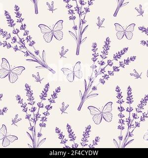 Vintage motivo senza cuciture con fiori di lavanda e farfalle. Ingredienti per la spa e l'aromaterapia. Sfondo vettoriale disegnato a mano Illustrazione Vettoriale