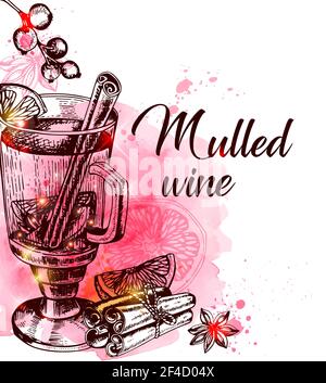 Vintage Vector vino tritato a mano e spezie su sfondo rosso acquerello. Cibo e bevande natalizie tradizionali. Illustrazione Vettoriale