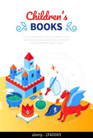 Libri per bambini - banner Web isometrico moderno e colorato con spazio di copia per il testo. Oggetti magici, avventura, fiabe. Illustrazione con castello, p. Illustrazione Vettoriale