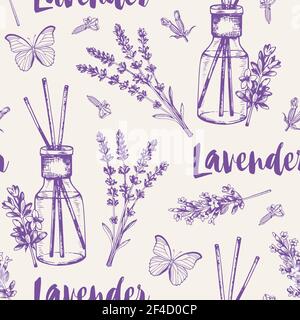 Vintage motivo senza giunture con fiori di lavanda, profumo e farfalle. Ingredienti per la spa e l'aromaterapia. Sfondo vettoriale disegnato a mano Illustrazione Vettoriale