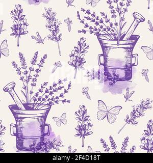 Vintage motivo senza cuciture con fiori di lavanda e farfalle. Ingredienti per la spa e l'aromaterapia. Sfondo vettoriale disegnato a mano Illustrazione Vettoriale