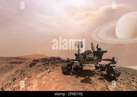 Curiosità Mars Rover esplorando la superficie del pianeta rosso. Gli elementi di questa immagine fornita dalla NASA. Foto Stock