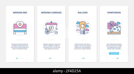 Giorno di nozze, linea crociera di viaggio di luna di miele UI, UX onboarding mobile app page set Illustrazione Vettoriale