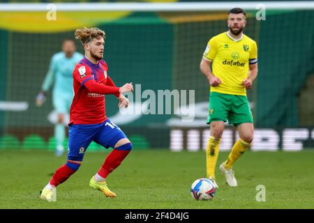 Norwich, Norfolk, Regno Unito. 20 marzo 2021; Carrow Road, Norwich, Norfolk, Inghilterra, Campionato di calcio inglese della Lega di calcio, Norwich contro Blackburn Rovers; Harvey Elliott di Blackburn Rovers Credit: Action Plus Sports Images/Alamy Live News Foto Stock