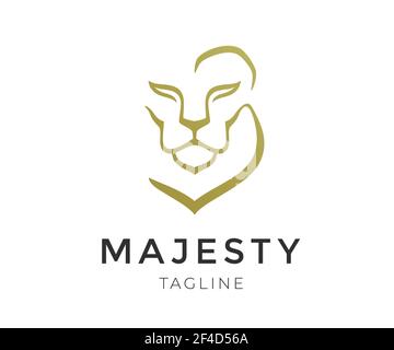 Lion faccia elegante design con logo. Profilo della testa con leone dorato, simbolo vettoriale di lusso. Illustrazione Vettoriale