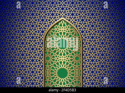 Sfondo astratto con porta, ornamento islamico, motivo geometrico arabico o struttura. Motivo piastrellato dorato su sfondo colorato con cancello. Illustrazione Vettoriale
