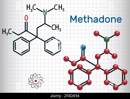 Molecola di metadone. Formula chimica strutturale e modello molecolare. Foglio di carta in gabbia Illustrazione Vettoriale