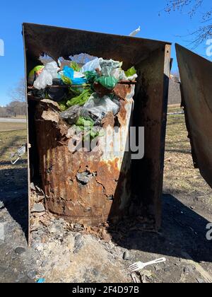 Archeologia urbana: Spazzatura arrugginita in Prospect Park, Brooklyn, New York. Foto Stock