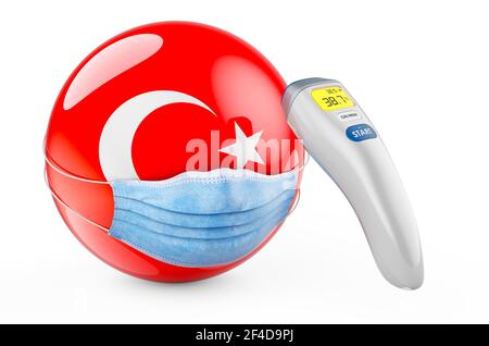 Bandiera turca con maschera medica e termometro elettronico a infrarossi. Pandemia in Turchia, rendering 3D isolato su sfondo bianco Foto Stock