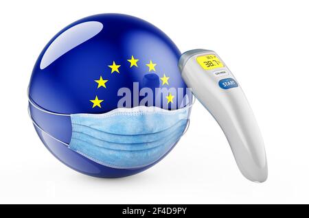 Bandiera olandese con maschera medica e termometro elettronico a infrarossi. Pandemia nel concetto olandese, rendering 3D Foto Stock