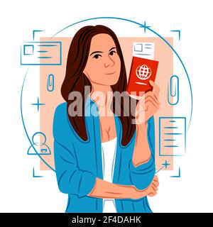 Ragazza vettore che tiene il passaporto in ombra di linee acute stile Illustrazione Vettoriale