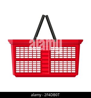 Carrello isolato su sfondo bianco. Cestino vuoto in plastica rossa. Icona del carrello del Market Store. Carrello senza prodotti. Vista laterale.vettore stock Illustrazione Vettoriale