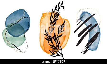 Set di 3 illustrazioni astratte creative minimaliste dipinte a mano con foglie, blobi acquerelli per la decorazione delle pareti, cartolina moderna, business brochu Illustrazione Vettoriale