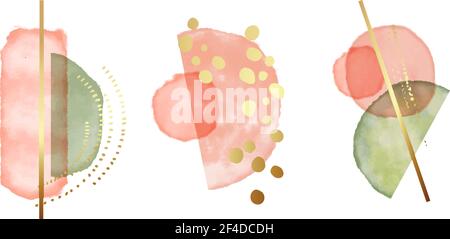 Collezione astratta rosa forme fluido, inchiostro gradiente decorativo. Verde corallo tenero set geometria. cerchi oro elementi minimal, design moda. VECTO Illustrazione Vettoriale