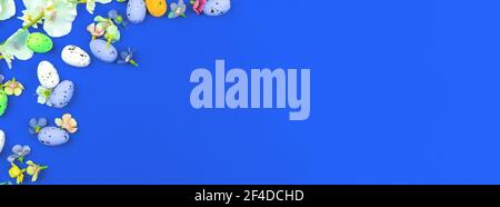 Banner modello uova di Pasqua con posto per il tuo testo su sfondo blu Foto Stock