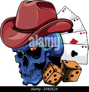 cranio di cowboy con asso da poker e dadi Illustrazione Vettoriale