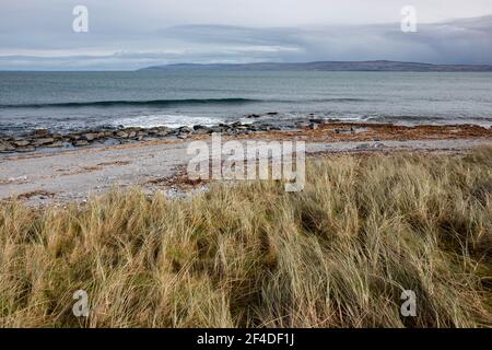 Paesaggio con spiaggia di ghiaia grigia, erba secca beige, oceano blu e cielo blu sull'isola di Inisher, la più piccola delle isole Aran. Foto Stock