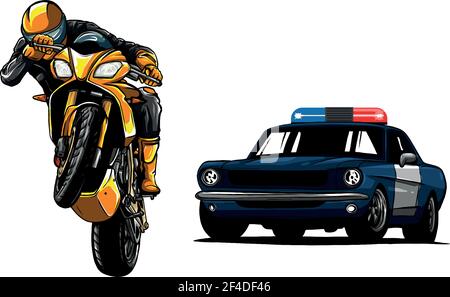 L'automobile della polizia sta inseguendo un criminale su una motocicletta. Illustrazione Vettoriale