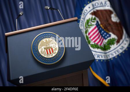 Federal Reserve System Fed of USA presidente conferenza stampa concetto. Tribune con simbolo e bandiera della Riserva Fedreal. illustrazione 3d Foto Stock