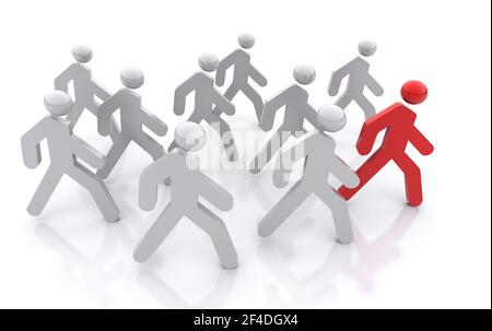 La squadra cammina nella stessa direzione con un leader davanti. Illustrazione 3d del concetto aziendale Foto Stock