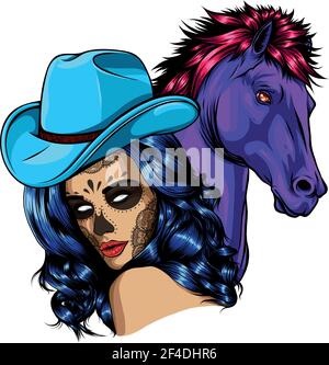 ragazza vestita da cowboy con cavallo Illustrazione Vettoriale