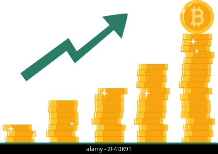 Bitcoin, concetto di crescita del valore. Tecnologie Blockchain, mercato monetario digitale, cryptocurrency.Coins, diagramma. Illustrazione vettoriale in stile piatto Illustrazione Vettoriale