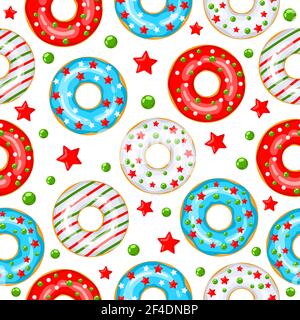 Cellulare. VectorChristmas donuts - vettore modello senza giunture per tessuto, carta da imballaggio, carta da parati, sfondo per il sito. Festoso modello di ciambelle bianche, rosse e blu con stelle e palline su sfondo bianco. Illustrazione Illustrazione Vettoriale
