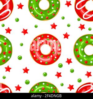Ciambelle di Natale - vettore modello senza giunture per tessuto, carta da imballaggio, carta da parati, sfondo per il sito. Festive paChristmas donuts - vettore modello senza giunture per tessuto, carta da imballaggio, carta da parati, sfondo per il sito. Festoso modello di ciambelle rosse e verdi con stelle e palline su sfondo bianco.tterna di ciambelle rosse e verdi con stelle e palline su sfondo bianco. Illustrazione vettoriale Illustrazione Vettoriale
