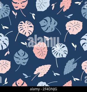 Vettore senza giunture di foglie tropicali, piante, fiori su blu e rosa. Bella stampa con piante esotiche. Illustrazione Vettoriale
