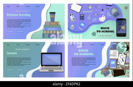 Un insieme di siti web vettoriali per l'apprendimento a distanza, l'istruzione online e il lavoro. Un'illustrazione piatta della pagina principale dell'app mobile con una pila di Illustrazione Vettoriale