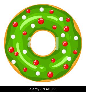 Ciambella di Natale. Le ciambelle verdi sono decorate con dolci palloncini natalizi. Caramelle natalizie Cartoon. X-mas ciambella, illustrazione vettoriale isolata su bianco. Illustrazione vettoriale Illustrazione Vettoriale