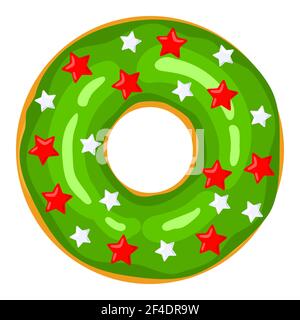 Ciambella di Natale. Le ciambelle verdi sono decorate con dolci stelle festive e palloncini. Caramelle natalizie Cartoon. X-mas ciambella, illustrazione vettoriale isolata su bianco. Illustrazione vettoriale Illustrazione Vettoriale