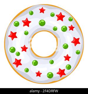 Ciambella di Natale. Le ciambelle bianche sono decorate con dolci stelle rosse festive e palloncini verdi. Caramelle natalizie Cartoon. X-mas ciambella, illustrazione vettoriale isolata su bianco. Illustrazione vettoriale Illustrazione Vettoriale