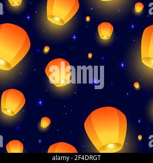 Flying Sky con motivo senza cuciture. Festival di Diwali, Festival di metà autunno o Festa cinese. Lampade galleggianti luminose nel cielo notturno. Illustrazione vettoriale per carta da imballaggio, tessuto, carta da parati. Illustrazione vettoriale. Illustrazione Vettoriale