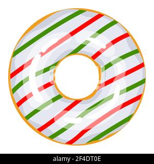 Ciambella di Natale. Le ciambelle verdi, bianche e rosse sono decorate con dolci stelle festive e palloncini. Caramelle natalizie Cartoon. X-mas ciambella, illustrazione isolata su bianco. Illustrazione vettoriale. Illustrazione Vettoriale