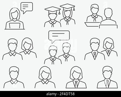 Insieme di icone per studenti, ad esempio formazione, gruppo, webinar, accademico e altro ancora. Tratto modificabile. Illustrazione Vettoriale