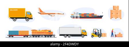 Icone di trasporto per consegne e logistica Illustrazione Vettoriale