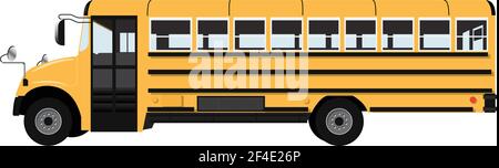 Bus scuola classico giallo. Vista laterale. Illustrazione vettoriale su sfondo bianco. Illustrazione Vettoriale