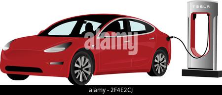 Auto elettrica Tesla con stazione di ricarica. Illustrazione vettoriale EPS 10 Illustrazione Vettoriale