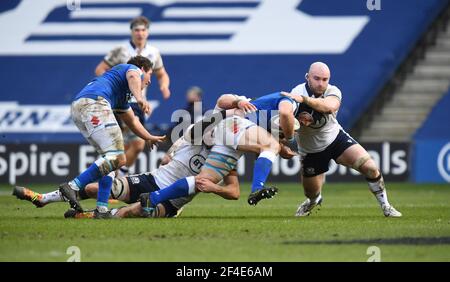 BT Murrayfield Stadium, Edinburgh.Scotland UK..20 marzo 21. Scozia contro Italia 2021 Guinness Six Nations Match . Scozia David Cherry affronta Foto Stock