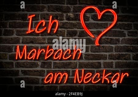 Leuchtreklame, Ich liebe Marbach am Neckar, Baden-Württemberg, Deutschland, Europa | Illuminated advertising, I love Marbach am Neckar, Baden-Württemb Foto Stock